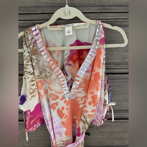 Arden B Silky Floral Embellished Mini Dress Cold Shoulder Tunic Small Pr… - Picture 3 of 13